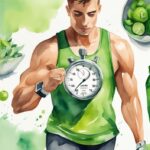 Moderne Aquarellillustration eines fitnessorientierten Individuums mit Stoppuhr und Herbalife-Produkt, das Dringlichkeit und Entschlossenheit zur Gewichtsabnahme zeigt, wie schnell kann ich mit Herbalife abnehmen.