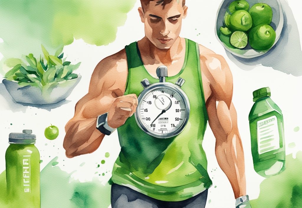 Moderne Aquarellillustration eines fitnessorientierten Individuums mit Stoppuhr und Herbalife-Produkt, das Dringlichkeit und Entschlossenheit zur Gewichtsabnahme zeigt, wie schnell kann ich mit Herbalife abnehmen.