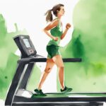 Moderne Aquarellillustration eines fitten Individuums beim enthusiastischen Training auf dem Laufband mit Stoppuhr, die die Dauer der Cardio-Sitzung anzeigt, wie lange Cardio zum Abnehmen.