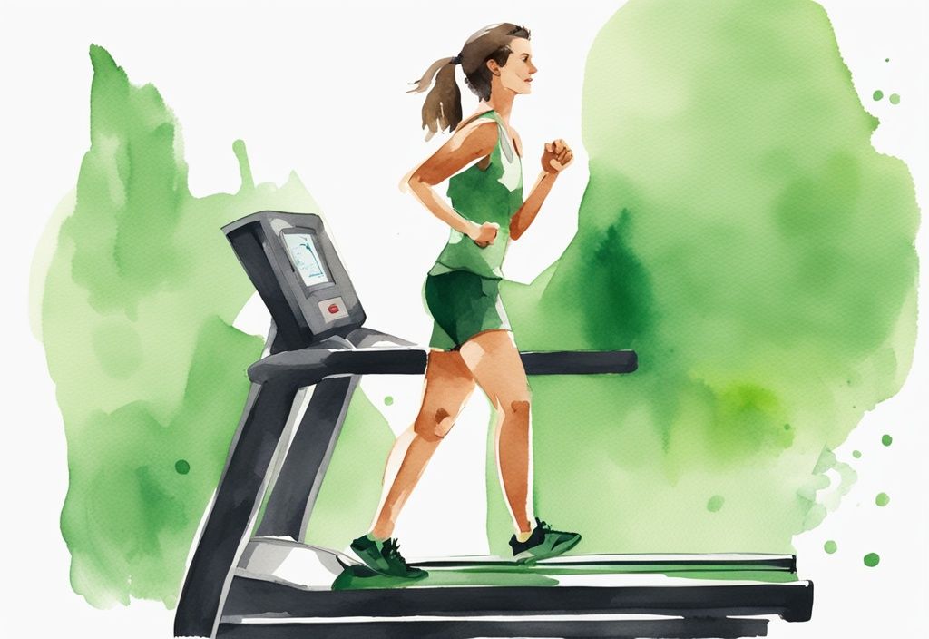 Moderne Aquarellillustration eines fitten Individuums beim enthusiastischen Training auf dem Laufband mit Stoppuhr, die die Dauer der Cardio-Sitzung anzeigt, wie lange Cardio zum Abnehmen.