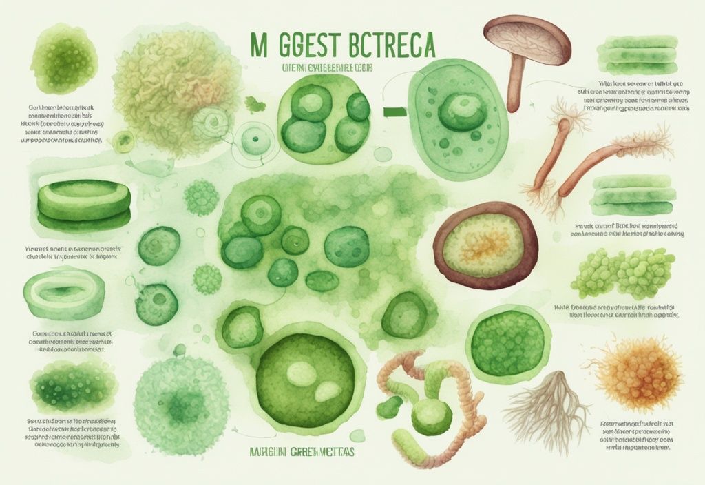 Moderne Aquarellillustration von Darmbakterien unter dem Mikroskop, mit grüner Farbthematik und Anmerkungen zu den Bakterien, welche Darmbakterien zum Abnehmen sind.