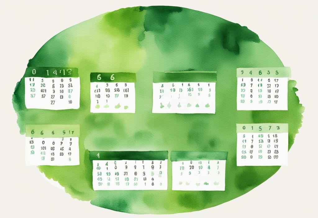 Moderne Aquarellillustration einer Waage mit abnehmenden Zahlen, umgeben von einem Kalender, der eine fünfmonatige Gewichtsabnahme symbolisiert; wie viel kann man in 5 Monaten abnehmen.