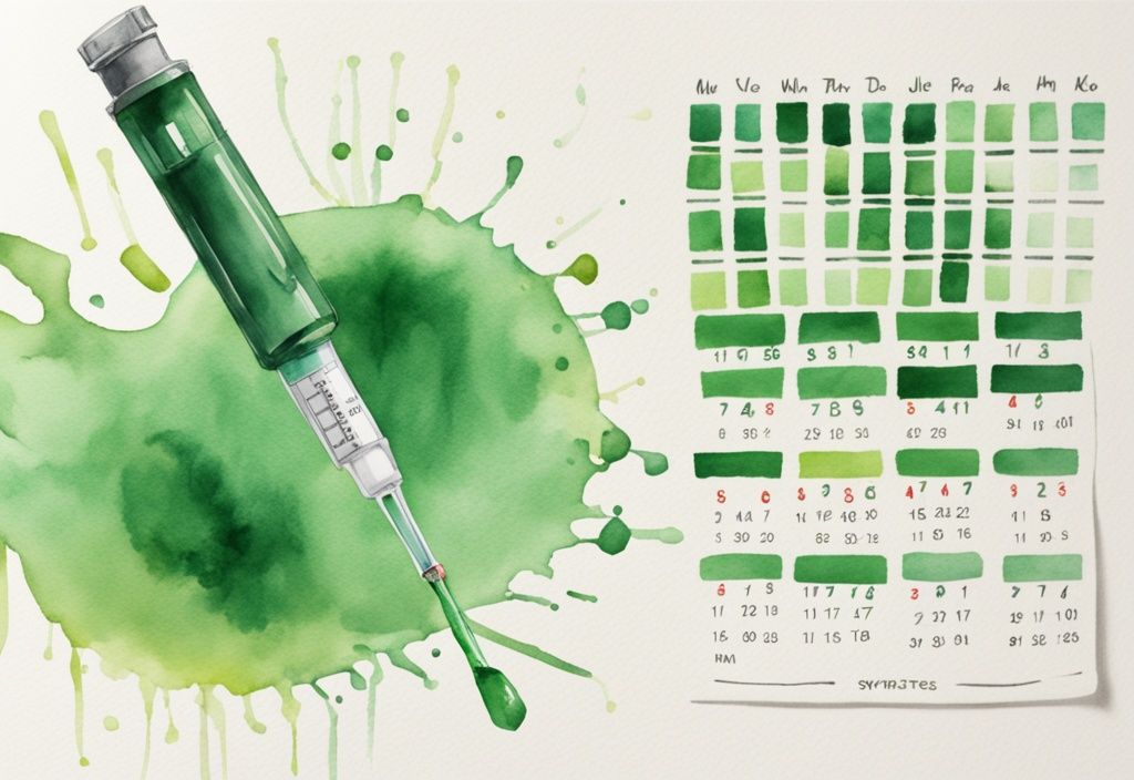 Moderne Aquarellillustration in Grün mit einem Kalender, der die Häufigkeit der Fett-weg-Spritze wie oft markiert, und einer mit Injektionsflüssigkeit gefüllten Spritze.