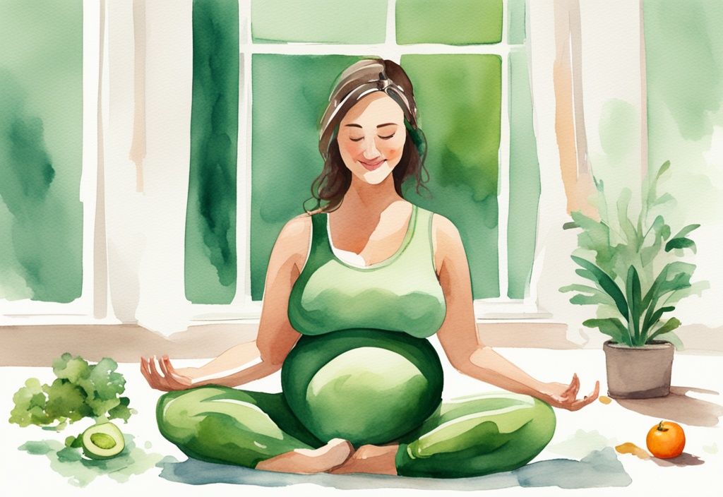 Moderne Aquarellillustration einer schwangeren Frau beim Yoga mit gesunden Mahlzeiten und einem Glas Wasser im Vordergrund, wie kann ich in der Schwangerschaft abnehmen.