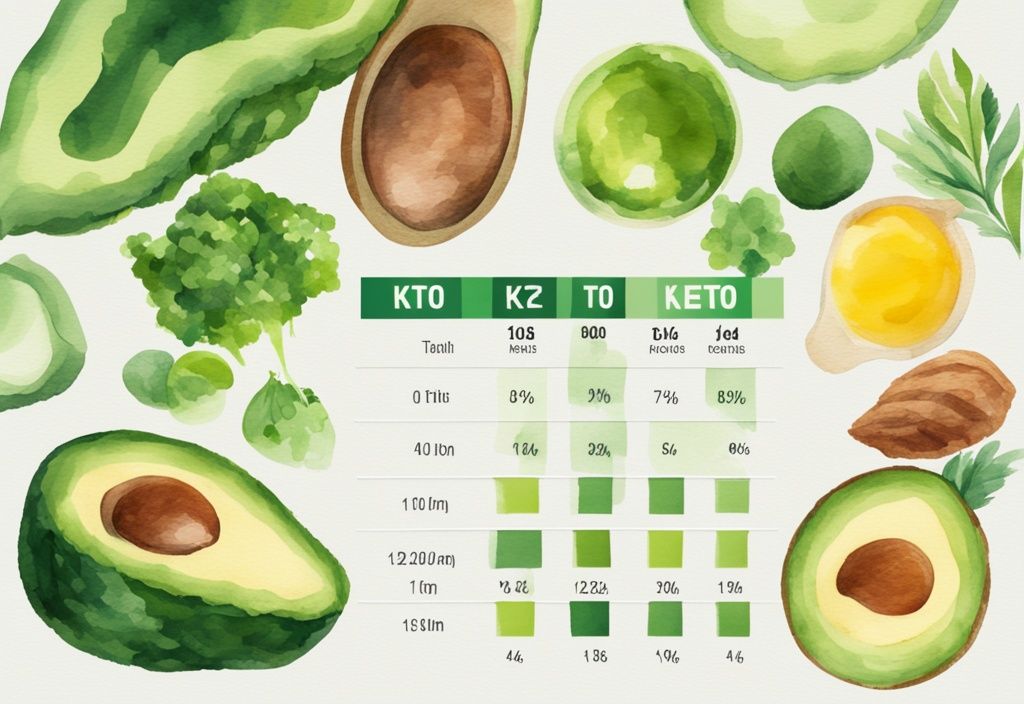 Moderne Aquarellillustration mit grünem Farbschema, die ein Diagramm zeigt, das den typischen Fettanteil bei einer Keto-Diät darstellt - wie viel Fett bei Keto.