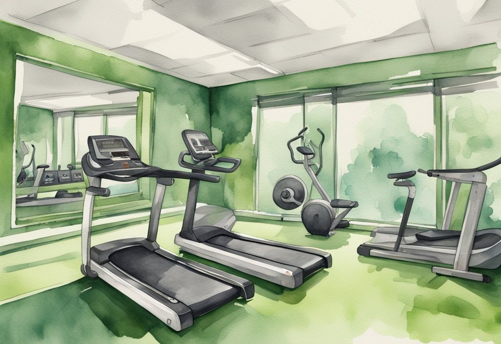 Moderne Aquarellillustration mit grünem Farbschema, die Fitnessgeräte wie Laufband, Heimtrainer und Hanteln zeigt, die häufig im Fitnessstudio zum Abnehmen verwendet werden (abnehmen Fitnessstudio welche Geräte).