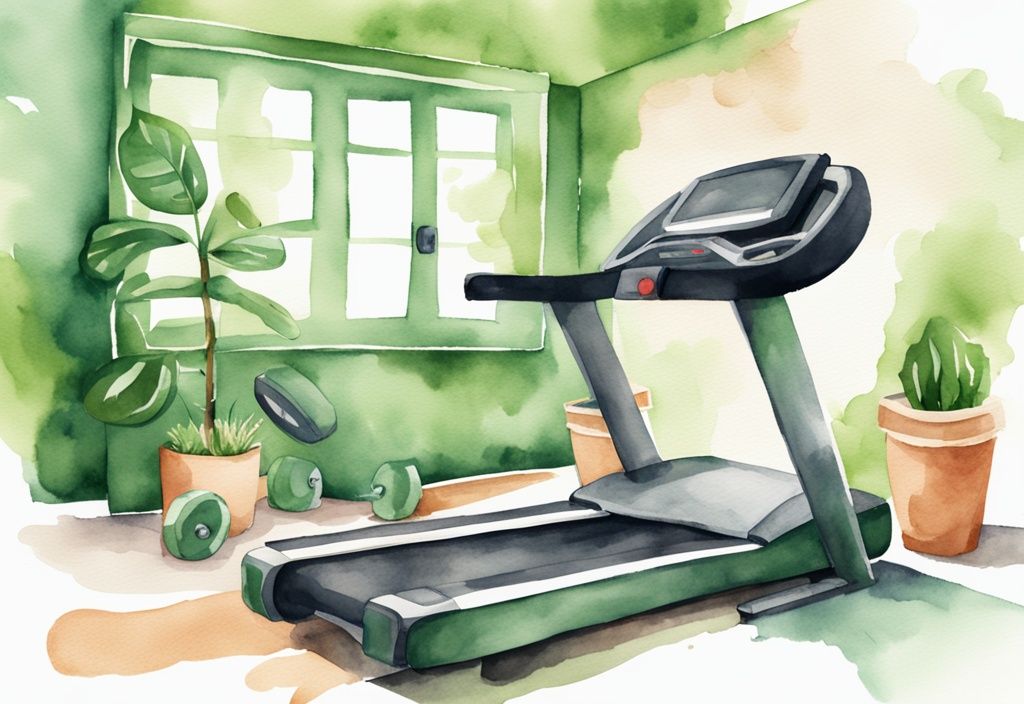 Moderne Aquarellillustration von Fitnessstudio-Ausrüstung wie Laufband, Heimtrainer und Hanteln, die häufig in Abnehmen Fitnessstudio welche Geräte Routinen verwendet werden