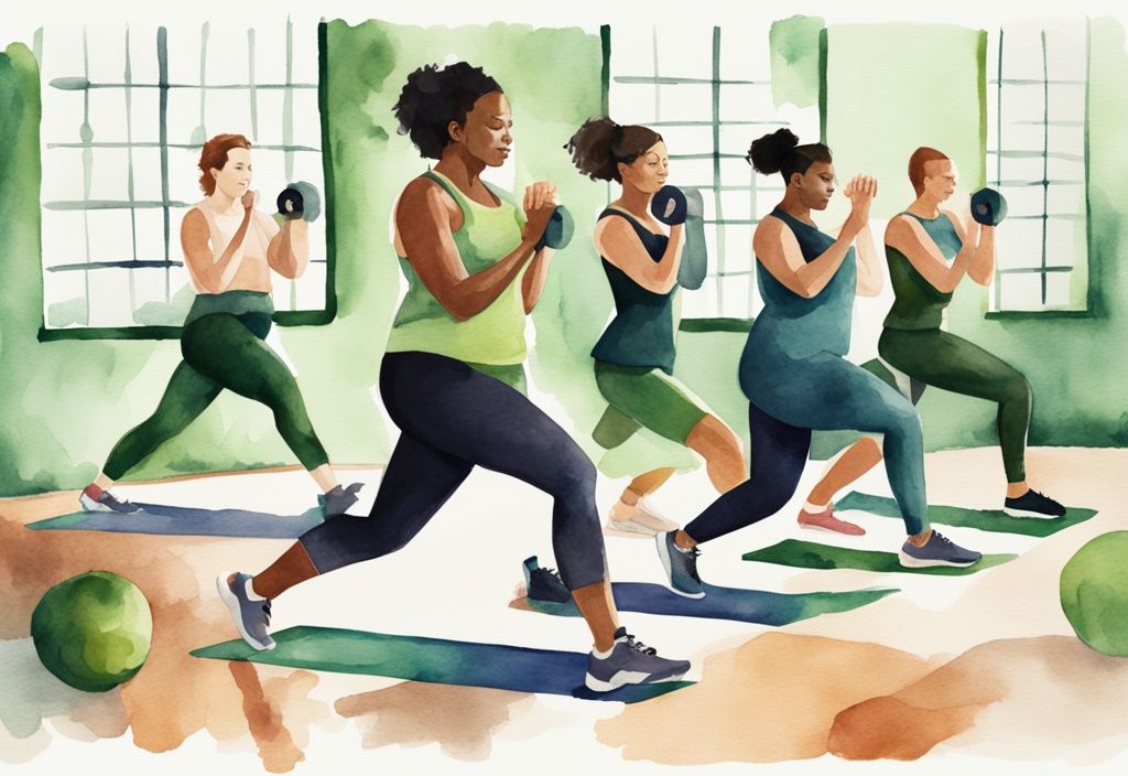 Moderne Aquarellillustration einer vielfältigen Gruppe von Personen, die verschiedene Oberschenkelübungen in einem Fitnessstudio durchführen, mit grünem Farbthema.