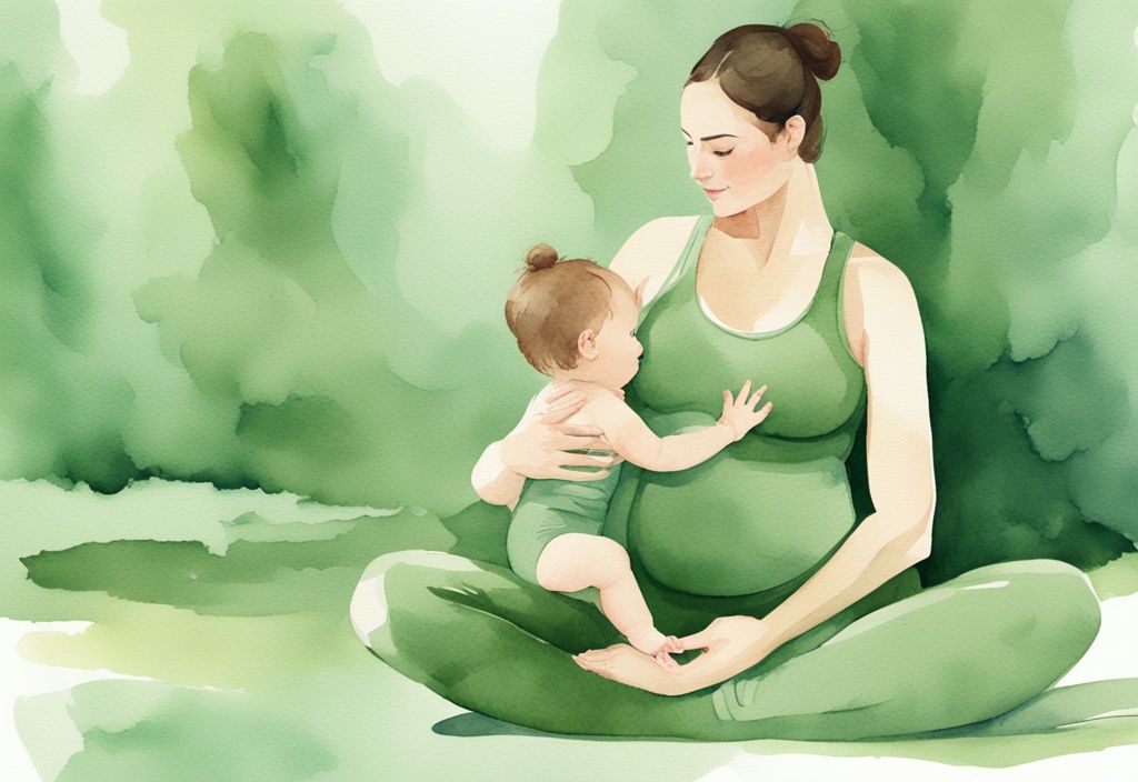 Moderne Aquarellillustration einer Mutter, die während des Stillens eine leichte Yoga- oder Pilates-Trainingseinheit absolviert, Hauptfarbe Grün