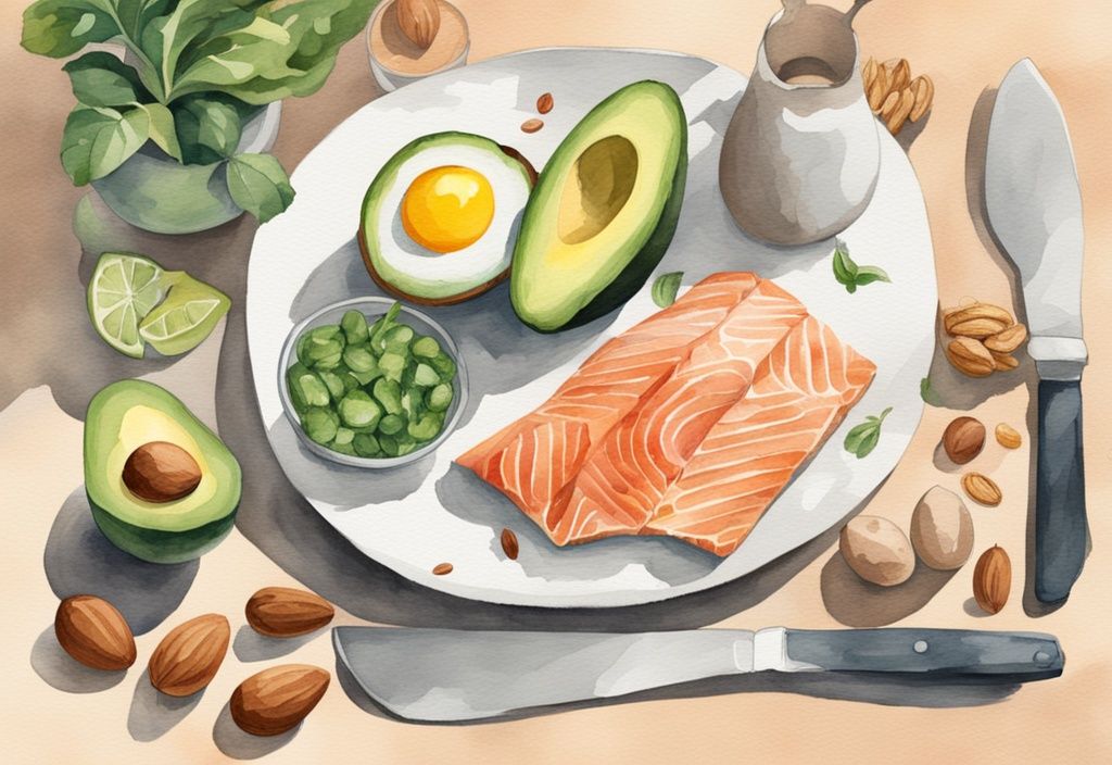 Moderne Aquarell-Illustration mit grünem Farbthema, zeigt kohlenhydratarme Lebensmittel wie Eier, Avocados, Lachs, Huhn und Nüsse auf einer sauberen Küchenarbeitsplatte, mit Angabe des täglichen Kohlenhydratzählers neben jedem Lebensmittel.