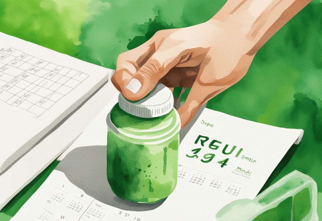 Moderne Aquarellillustration in Grün, Hand hält Proteinshake-Flasche, Kalender im Hintergrund zeigt regelmäßigen Einnahmeplan, wie viele Proteinshakes am Tag zum Abnehmen