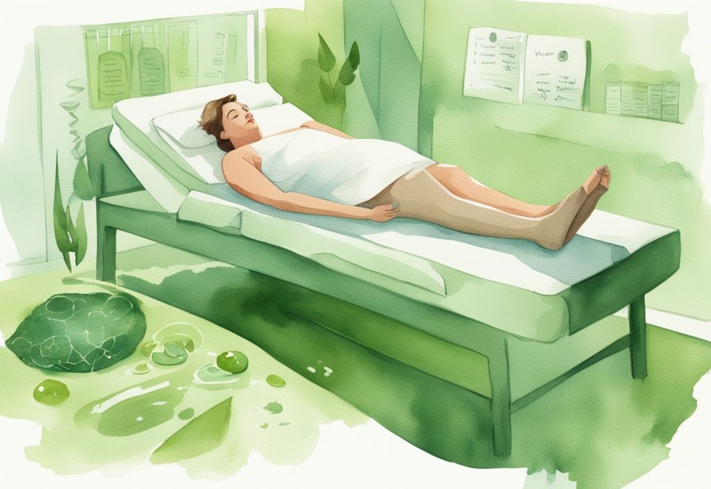 Moderne Aquarellillustration einer entspannten Person auf einer Spa-Liege mit grüner Farbgebung, die verschiedene Gewichtsverlustbehandlungen zeigt