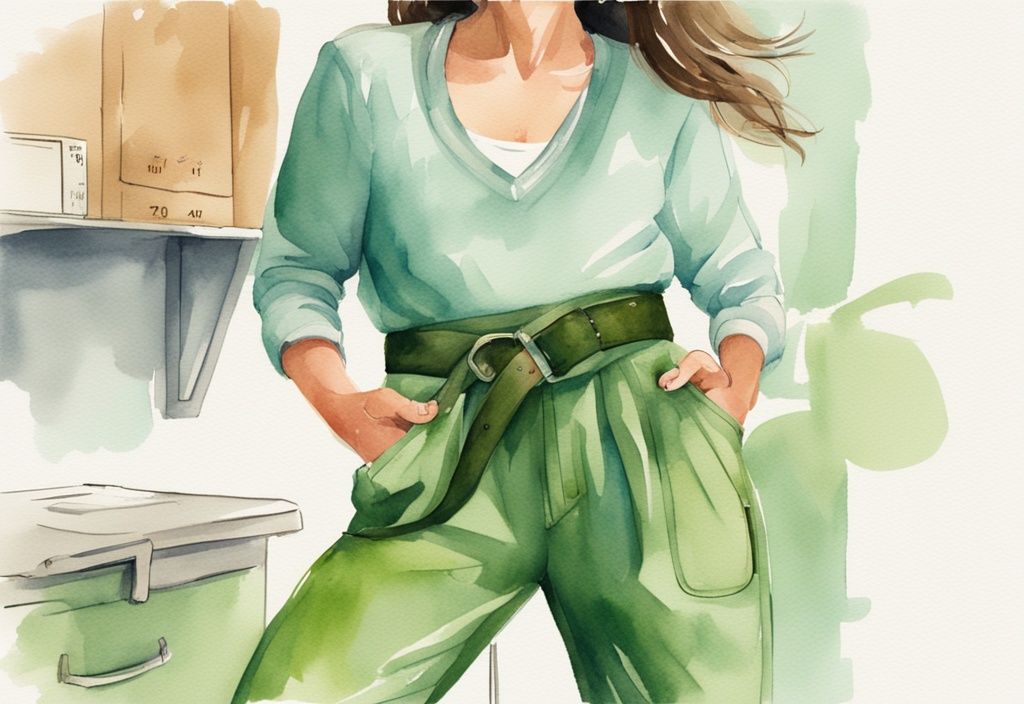 Moderne Aquarellillustration einer fitten Person, die glücklich den Gürtel ihrer zu großen Hose bindet, mit einem markierten Kalender im Hintergrund, der einen Zeitraum von fünf Monaten anzeigt.