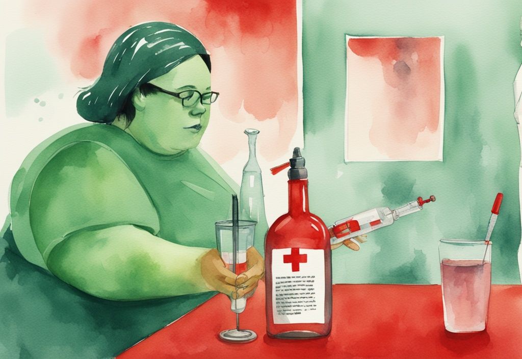 Moderne Aquarellillustration mit grüner Farbthematik, Person hält ein Glas Alkohol mit rotem Kreuz und eine Spritze für Fett-weg-Spritze in der anderen Hand - warum kein Alkohol nach Fett-weg-Spritze.