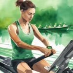 Moderner Aquarell-Illustration: Sportliche Person überprüft Smartwatch oder mobile App für Ruderfrequenzen, Rudergerät im Hintergrund, wie oft rudern zum Abnehmen.