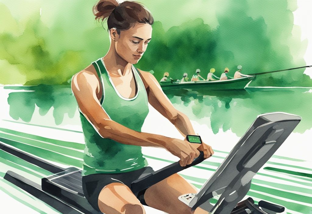 Moderner Aquarell-Illustration: Sportliche Person überprüft Smartwatch oder mobile App für Ruderfrequenzen, Rudergerät im Hintergrund, wie oft rudern zum Abnehmen.