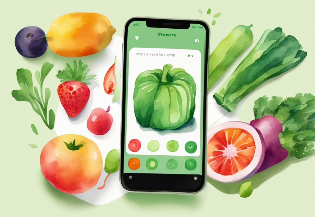 Moderne Aquarell-Illustration eines Smartphones mit der Noom-App, umgeben von frischen, grünen Früchten und Gemüse, die gesunde Gewichtsabnahme symbolisieren