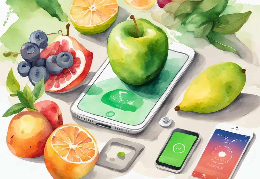 Moderne Aquarellillustration mit Fitness- und Kalorien-Tracking-Apps auf einem Smartphone, umgeben von frischen Früchten und einer digitalen Badezimmerwaage