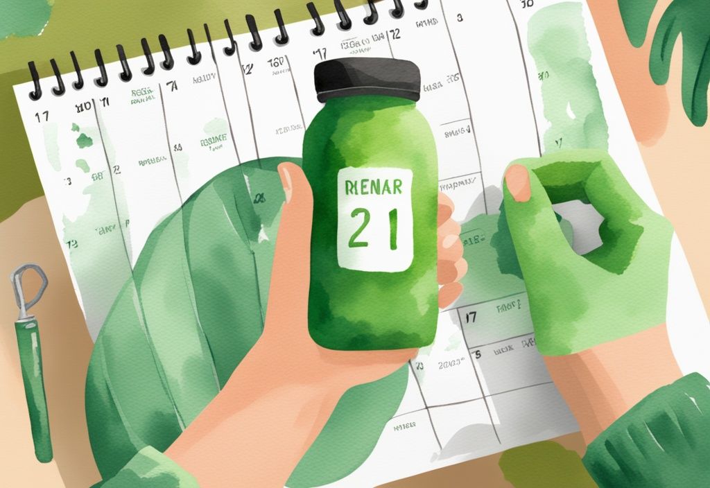 Moderne Aquarell-Illustration mit grünem Farbschema, Hand hält Proteinshake-Flasche vor einem Kalender, der regelmäßige Einnahme zeigt, wie viele Proteinshakes am Tag zum Abnehmen.