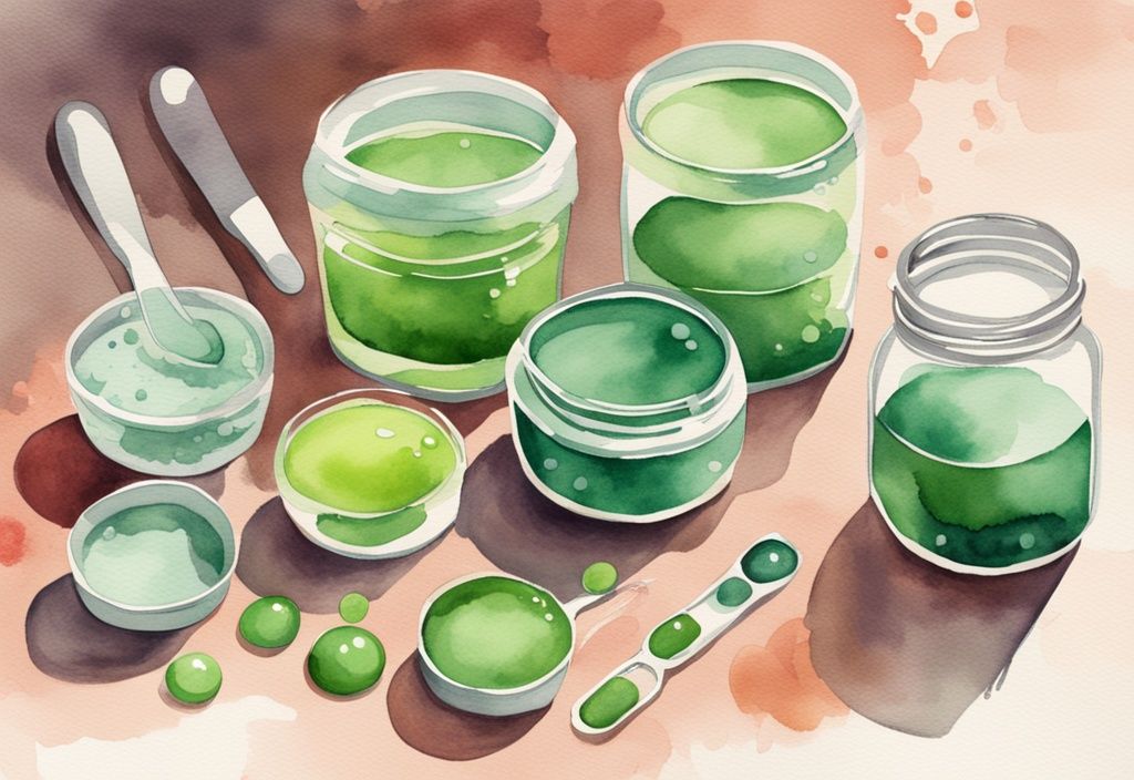 Moderne Aquarellillustration in Grün mit verschiedenen Globuli in kleinen Behältern, einem Messlöffel und einem Glas Wasser, welche Globuli zum Abnehmen symbolisieren.