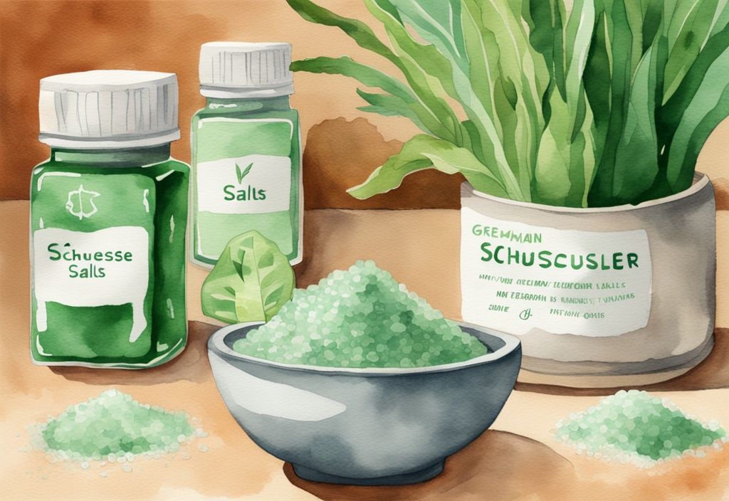 Moderne Aquarell-Illustration mit grüner Farbgebung, zeigt verschiedene Schüßler-Salze und deren Vorteile für Gewichtsverlust