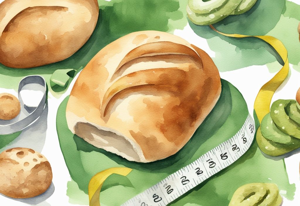 Moderne Aquarellillustration von gesunden Brötchen neben einem Maßband, Symbol für Gewichtsverlust, Hauptfarbe Grün