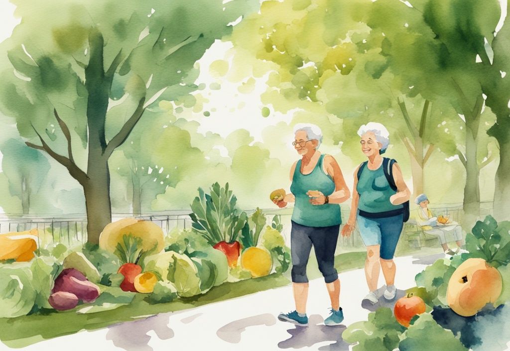 Aktives Seniorenpaar beim Morgensport im Park, in Fitnesskleidung mit gesunden Lebensmitteln wie Obst und Gemüse in den Rucksäcken, moderne Aquarellillustration in Grüntönen