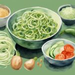 Moderne Aquarellillustration von gesunden Nudeln wie Vollkorn, Zucchini und Shirataki mit frischem Gemüse und mageren Proteinen, symbolisiert welche Nudeln zum Abnehmen.