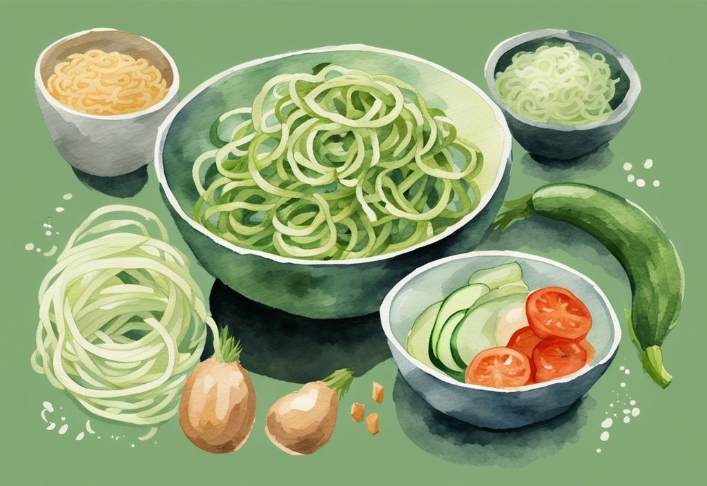 Moderne Aquarellillustration von gesunden Nudeln wie Vollkorn, Zucchini und Shirataki mit frischem Gemüse und mageren Proteinen, symbolisiert welche Nudeln zum Abnehmen.