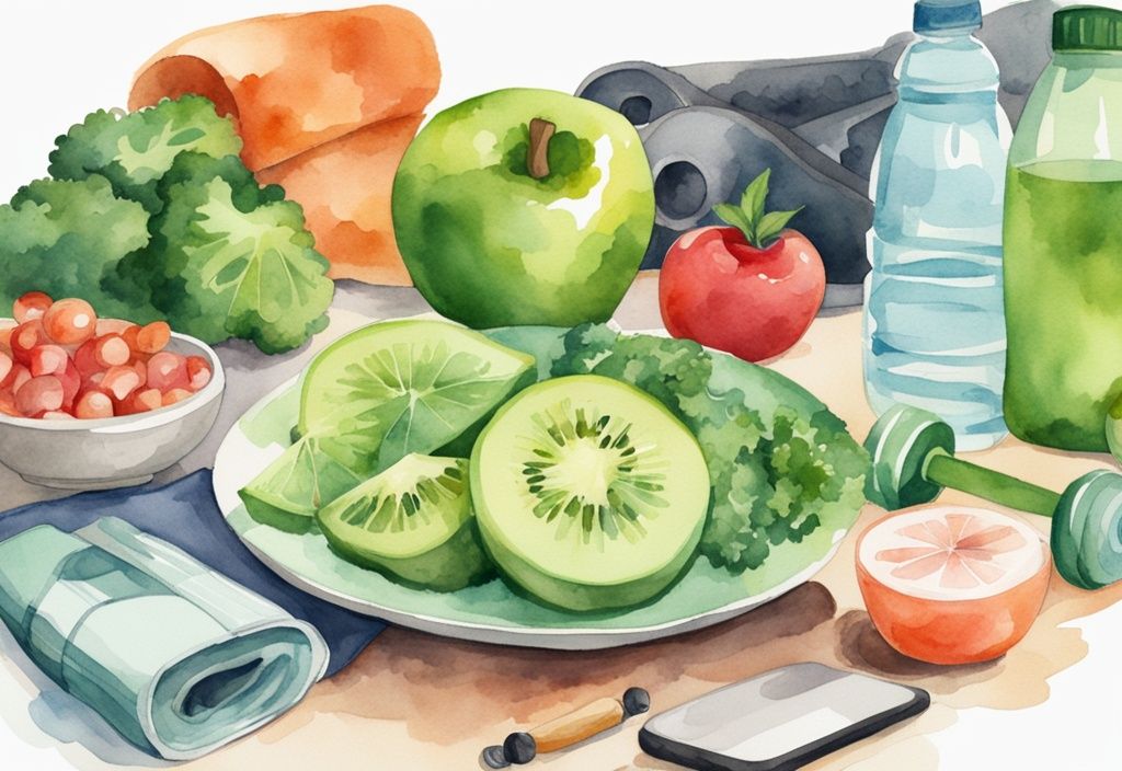 Moderne Aquarellillustration eines ausgewogenen Tellers mit portionierten Lebensmittelgruppen und Trainingsgeräten wie Yogamatte, Hanteln und Wasserflasche im Hintergrund