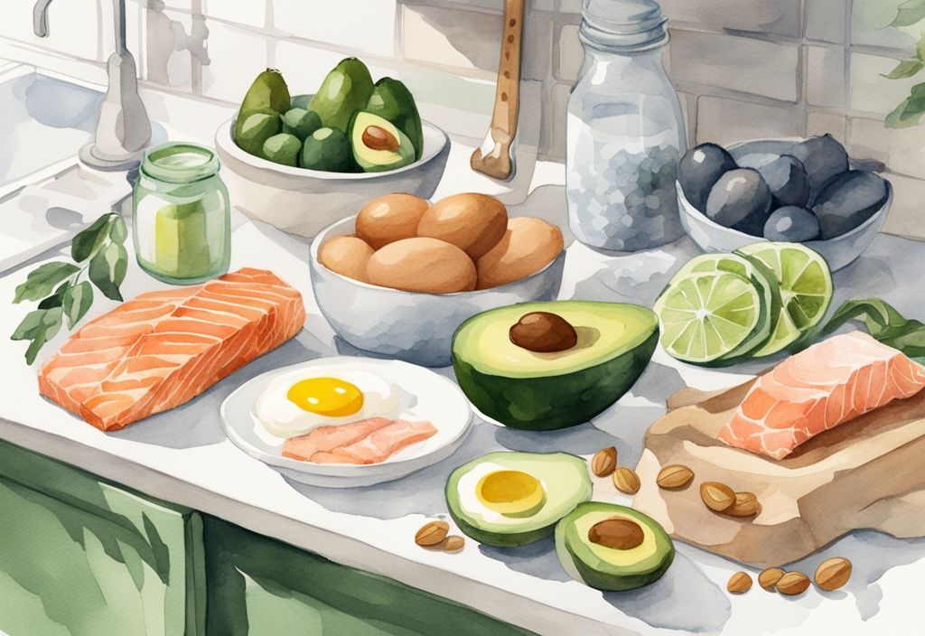 Moderne Aquarellillustration mit grünem Farbschema, zeigt kohlenhydratarme Lebensmittel wie Eier, Avocados, Lachs, Huhn und Nüsse auf einer sauberen Küchenarbeitsplatte, tägliche Kohlenhydratzufuhr neben jedem Lebensmittel angegeben.