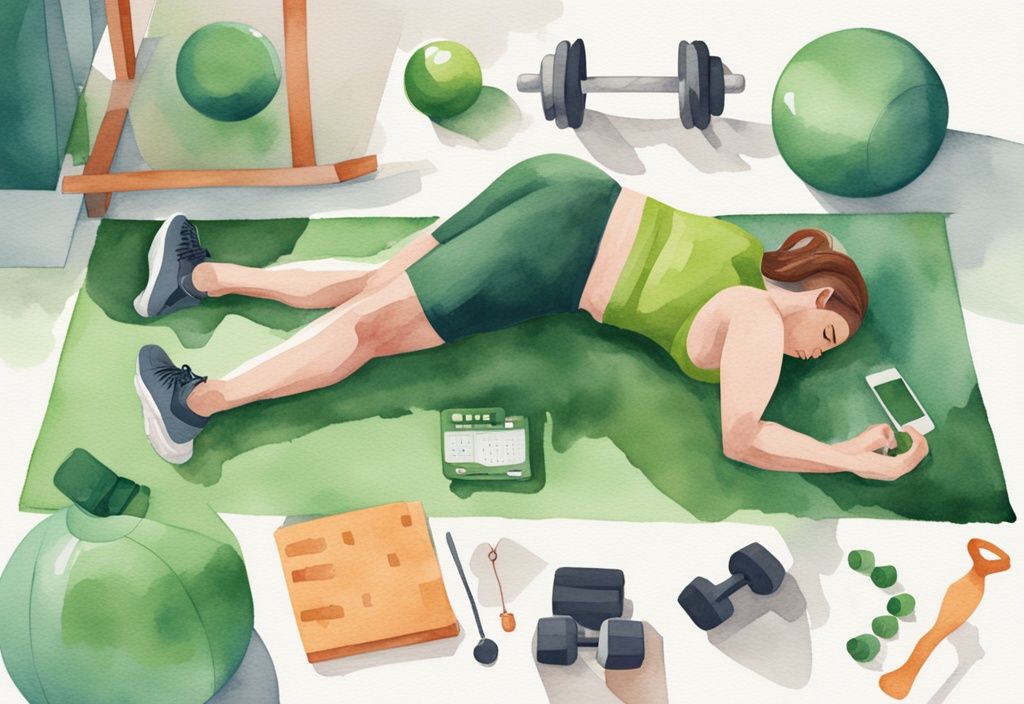 Moderne Aquarell-Illustration einer Person auf einer Matte mit Fitnessgeräten wie Hanteln, Widerstandsbändern, einem Balanceball und einer digitalen Waage, die eine abnehmende Zahl anzeigt, im grünen Farbschema.