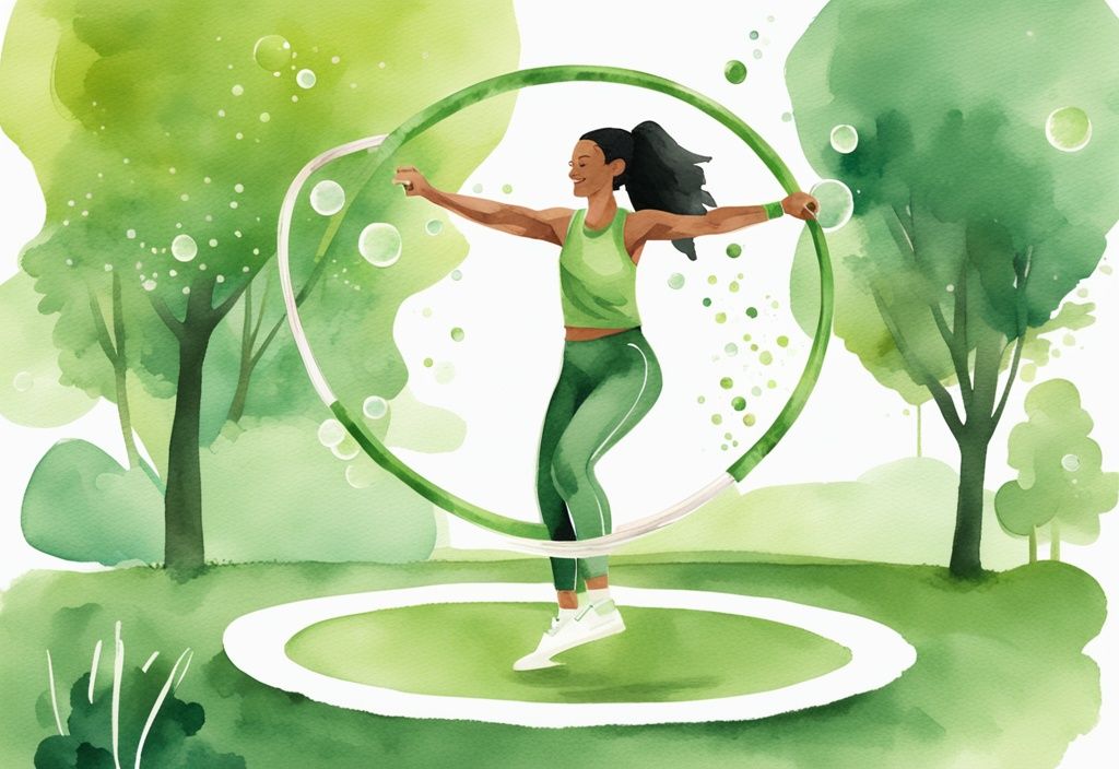 Moderne Aquarellillustration eines fitten und glücklichen Menschen, der im Park einen Hula Hoop mit Gewicht benutzt, umgeben von Grafiken zu den Vorteilen wie verbesserte Fitness, bessere Haltung und Kalorienverbrennung. Keyword: was bringt Hula Hoop mit Gewicht.