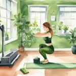 Moderne Aquarell-Illustration in Grün, zeigt eine Waage, einen Kalender mit 3 markierten Pilates-Tagen und eine Person bei Pilates-Übung im Fitnessstudio, betont Wellness und Fitness, wie oft Pilates zum Abnehmen.