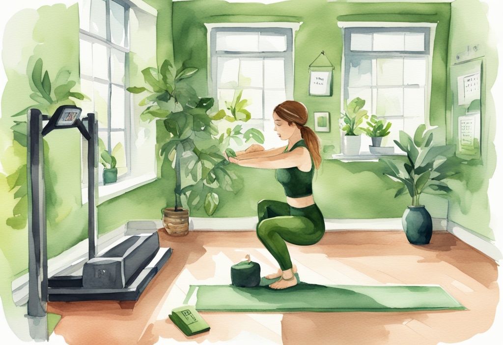 Moderne Aquarell-Illustration in Grün, zeigt eine Waage, einen Kalender mit 3 markierten Pilates-Tagen und eine Person bei Pilates-Übung im Fitnessstudio, betont Wellness und Fitness, wie oft Pilates zum Abnehmen.