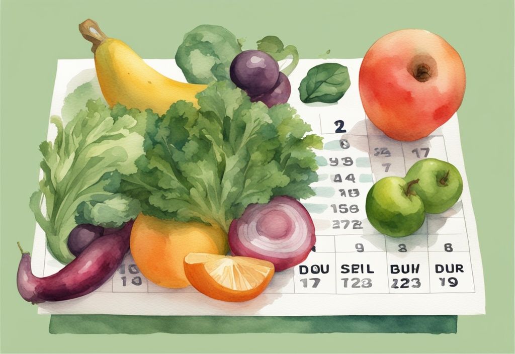 Moderne Aquarellillustration mit grünem Farbschema, Waage mit Maßband, frischem Obst und Gemüse, im Hintergrund ein verblassender Kalender zur Darstellung der Regelmäßigkeit der Darmbewegungen