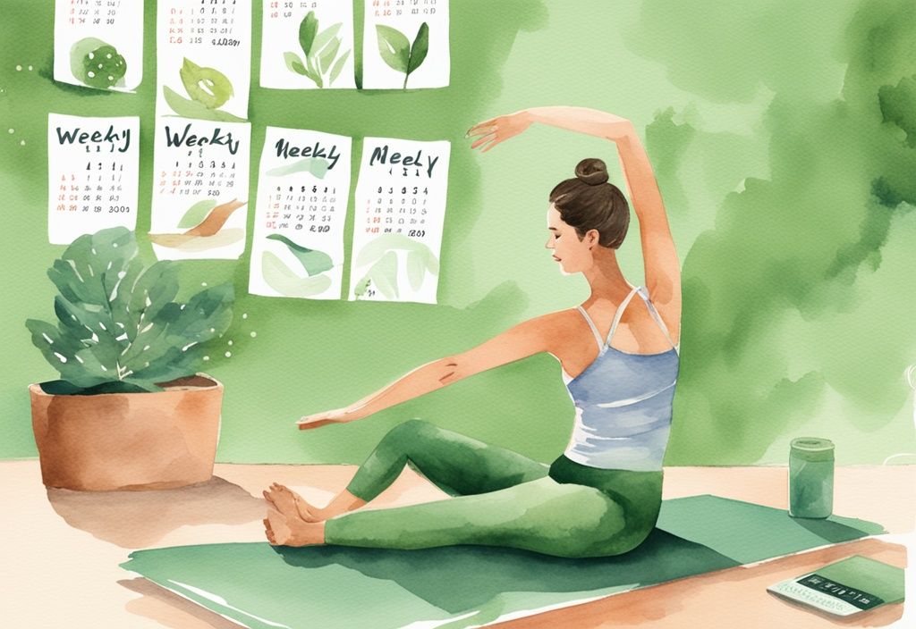 Moderne Aquarellillustration einer Frau, die Pilates auf einer Matte macht, mit einem Kalender im Hintergrund, der ihren wöchentlichen Abnehmplan zeigt.