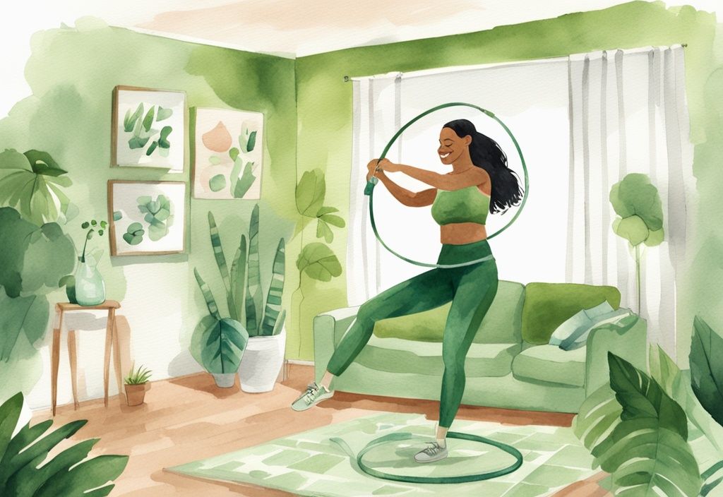 Moderne Aquarellillustration einer Frau, die freudig mit einem gewichteten Hula-Hoop-Reifen in ihrem Wohnzimmer trainiert, umgeben von kleinen Illustrationen, die Vorteile wie verbesserte Rumpfstärke, bessere Haltung und Gewichtsverlust zeigen.