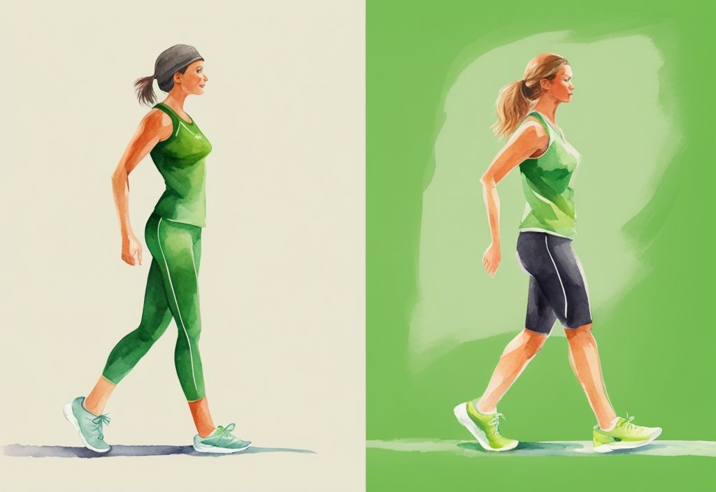 Moderne Aquarellillustration eines Menschen in Sportkleidung, die schlanke Knie vor und nach einem Fitness- und Diätprogramm zeigt, Hauptfarbe grün