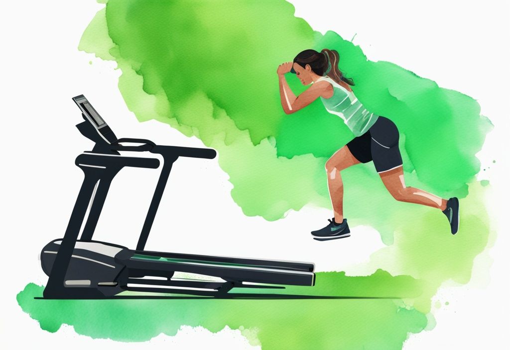 Moderne Aquarellillustration in Grüntönen, Person trainiert auf einem Crosstrainer mit digitalem Timer.