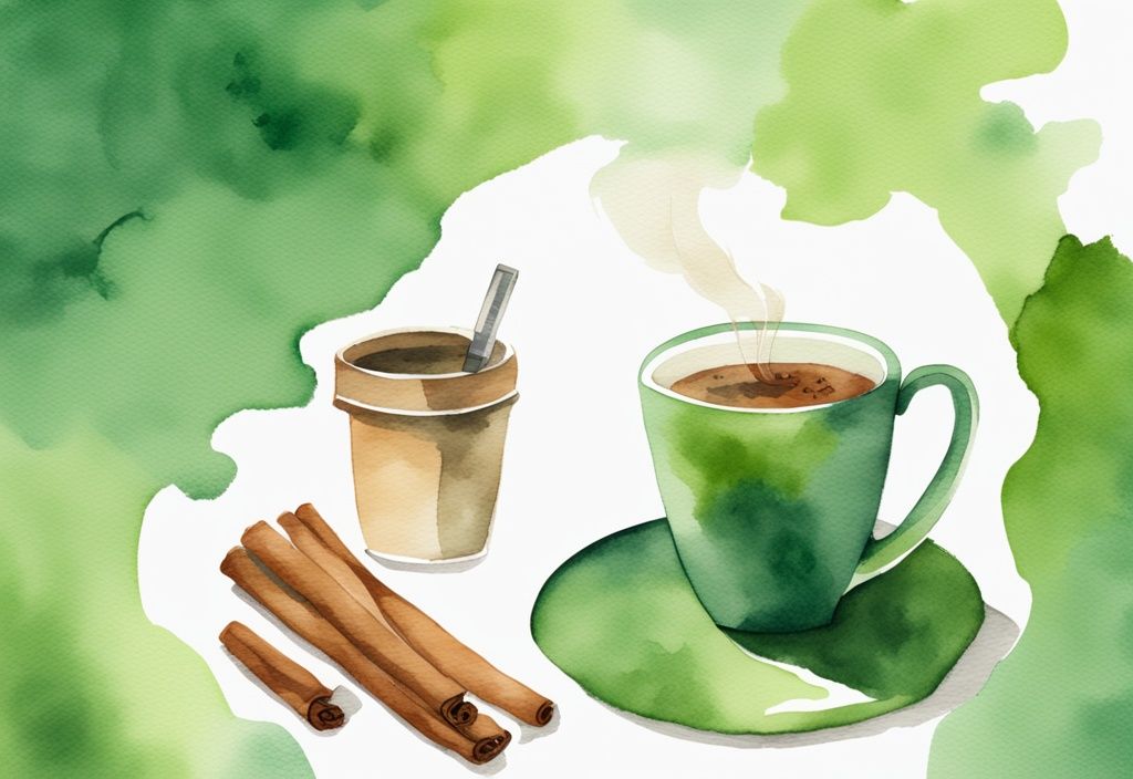 Moderne Aquarellillustration mit grünem Farbthema, fit Silhouette hält eine Tasse Zimttee, Stoppuhr im Hintergrund für schnellen Gewichtsverlust