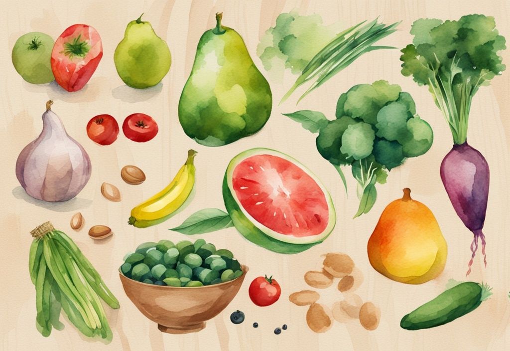 Moderne Aquarellillustration von frischem Obst, Gemüse, Vollkornprodukten und Hülsenfrüchten auf einem Holztisch, beste Quellen für gute Kohlenhydrate zum Abnehmen, grüne Farbtöne.