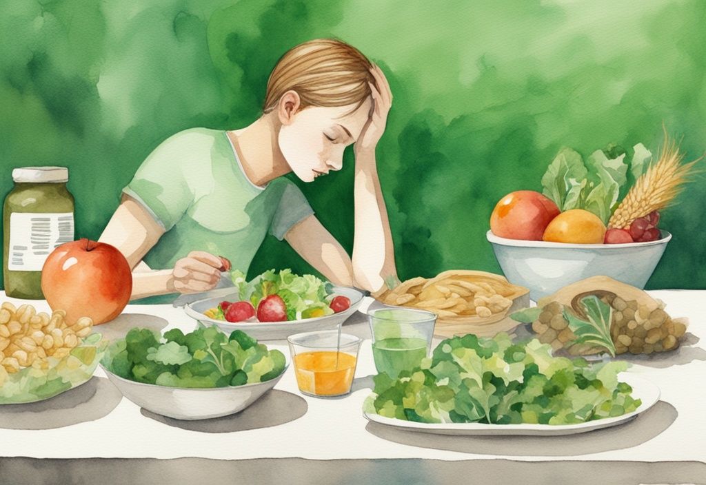 Moderne Aquarellillustration eines lethargischen, dünnen Menschen an einem Tisch mit fettarmen Lebensmitteln wie Salat, Obst und Getreideprodukten, symbolisiert was passiert wenn man zu wenig Fett isst.