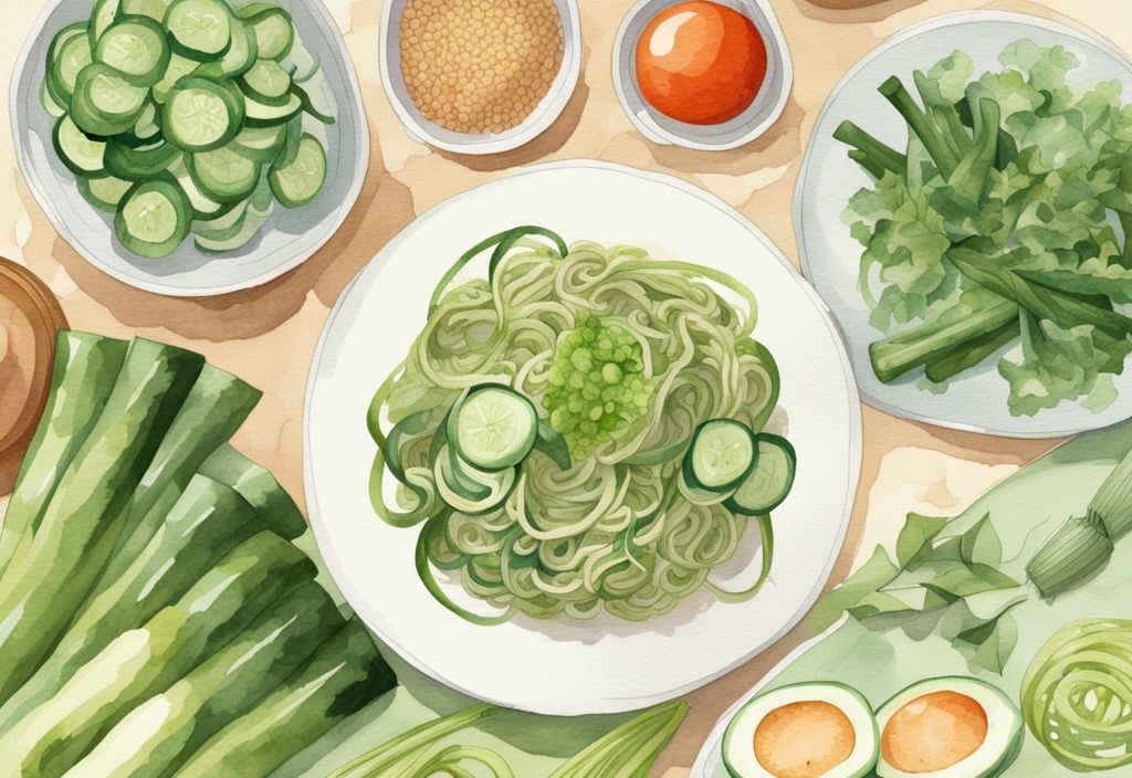 Moderne Aquarellillustration mit grüner Farbgebung, die gesunde Nudeln wie Vollkorn, Zucchini und Shirataki sowie frisches Gemüse und mageres Protein zeigt, welche Nudeln zum Abnehmen symbolisieren.