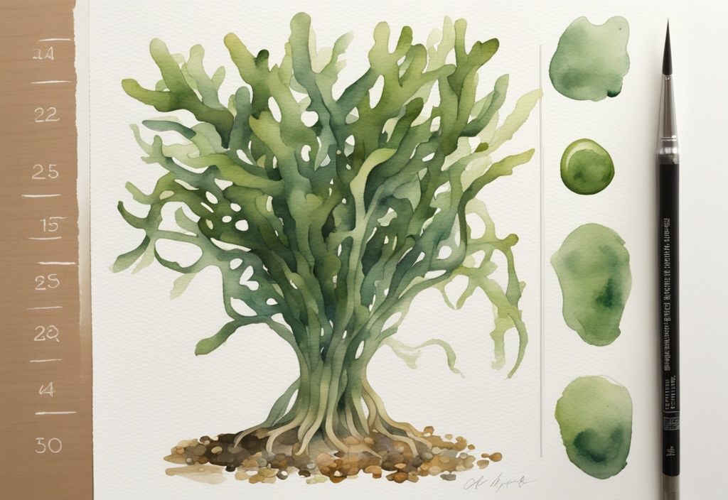 Moderne Aquarellillustration von Fucus vesiculosus welche Potenz zum Abnehmen symbolisiert, mit grünem Farbthema und Blasentang-Algen auf einer Waage.