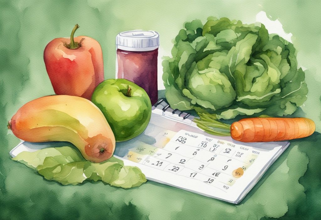 Moderne Aquarellillustration mit grüner Farbgebung, Waage mit Maßband, frischem Obst und Gemüse und einem subtil verblassenden Kalender im Hintergrund, der die Regelmäßigkeit der Darmbewegungen darstellt.