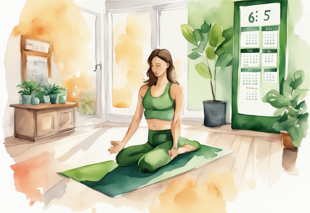 Moderne Aquarellillustration in Grüntönen, zeigt eine Waage, einen Kalender mit 3 markierten Pilates-Kursen und eine Person, die Pilates im Fitnessstudio macht, betont Wellness und Fitness, wie oft Pilates zum Abnehmen.