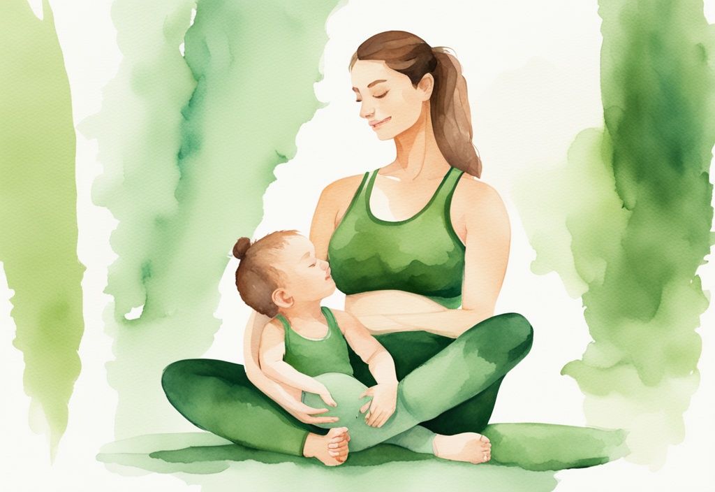 Moderne Aquarell-Illustration einer Mutter, die beim Stillen ihres Babys eine leichte Yoga- oder Pilates-Trainingseinheit durchführt, Hauptfarbthema grün