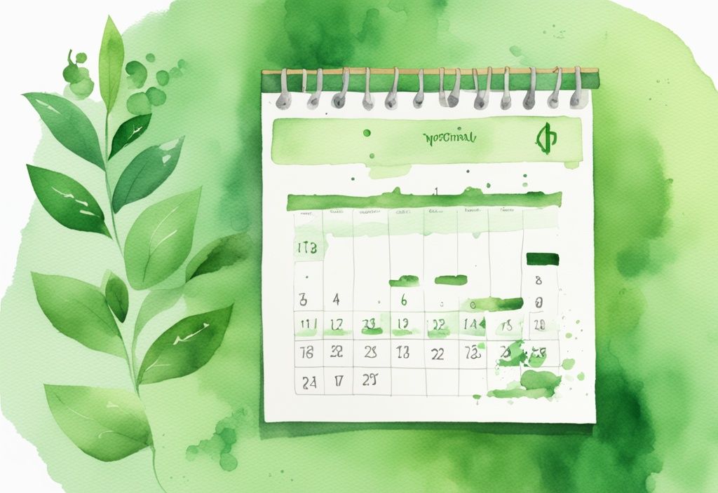 Moderne Aquarellillustration mit grünem Farbschema, Skala mit abnehmender Zahlenfolge über einem Kalender mit einem Symbol für abgeschlossene Menstruation, wann geht das Gewicht nach der Periode wieder runter.