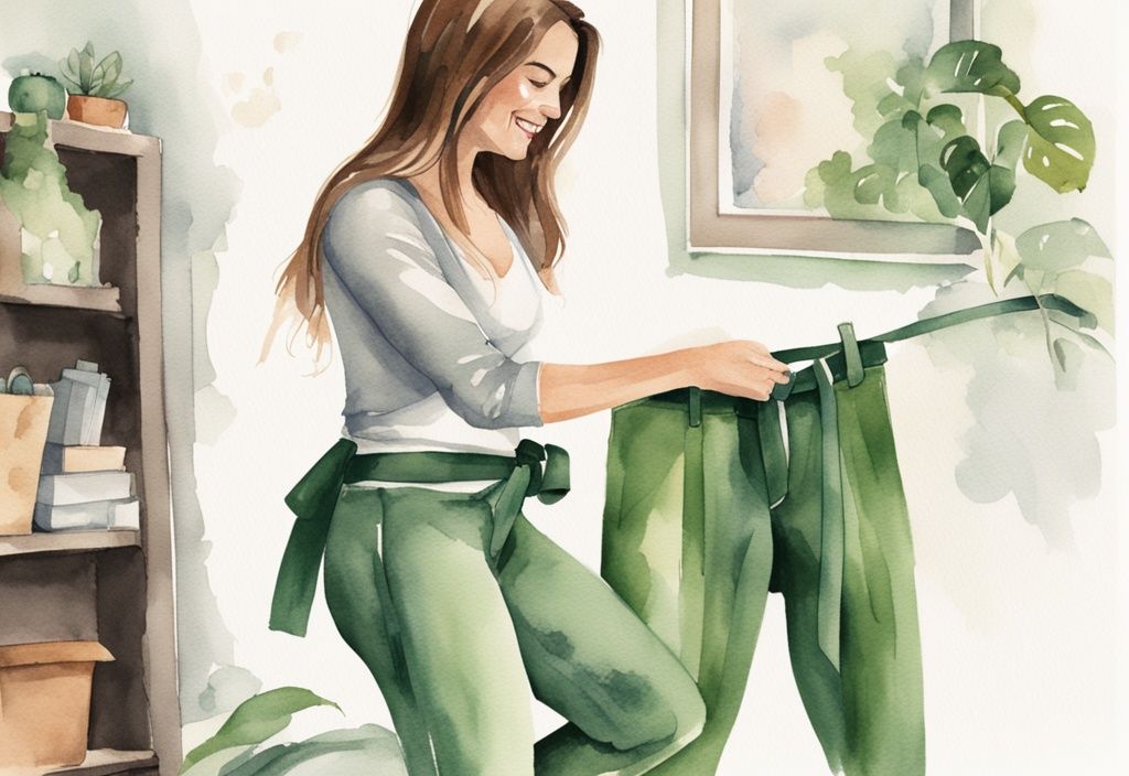 Moderne Aquarellillustration einer fitten Person, die glücklich den Gürtel ihrer übergroßen Hose bindet, mit einem markierten Kalender im Hintergrund, der einen Zeitraum von fünf Monaten anzeigt.